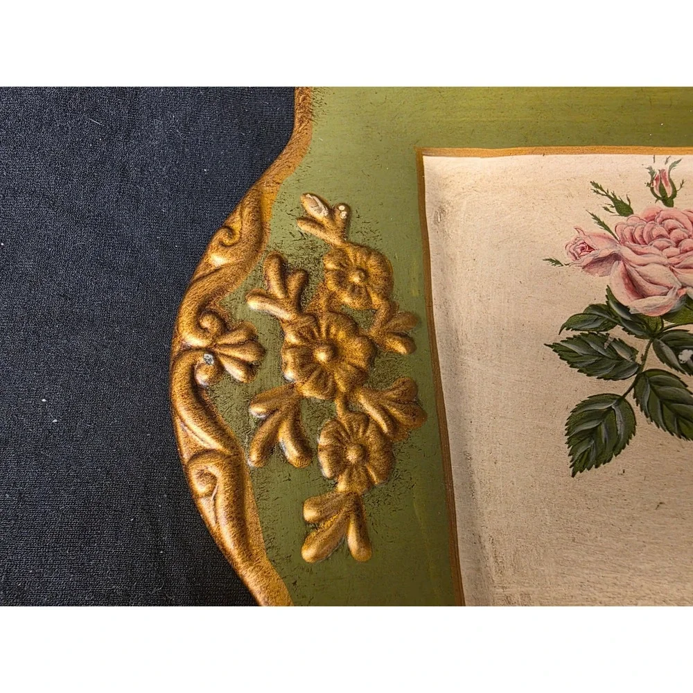 Vintage Style Pink Rose Decorative Tray Sage Green Gold Floral Scalloped Edge
